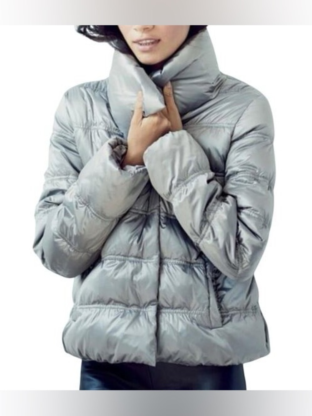 Eileen Fisher Down Puffer jacket Funnel Neck Ruched platinum grey SZ M